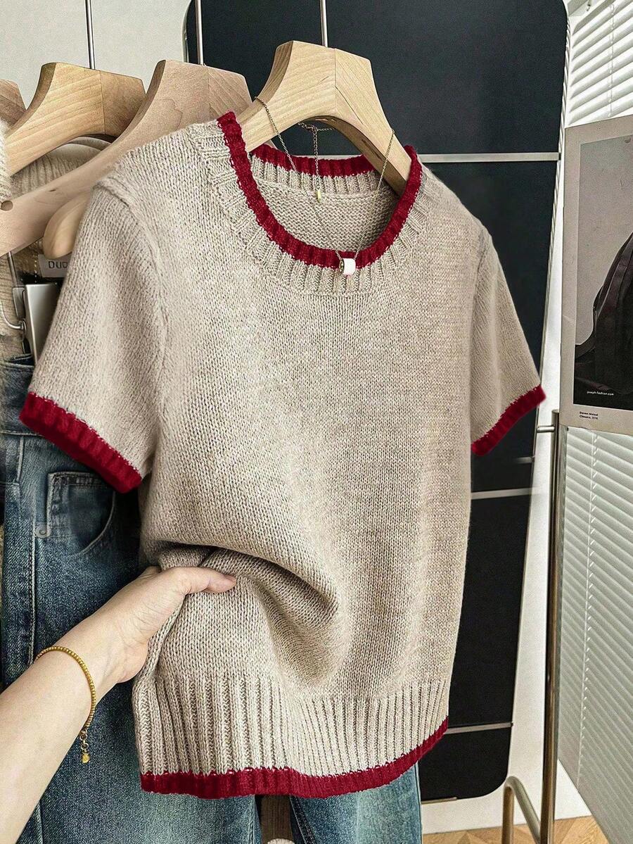 SHEIN Franclia Nueva blusa de punto de verano casual y versátil para mujer con diseño de patchwork y contraste de colores - Color caoba - Ver 1