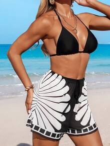 Swim Vcay Women's 2026 Spring/Summer Beach Vacation Bohemian Style Elegant Romantic Seashell Print Drawstring Waist Loose Sheer Coverup Shorts - Black and White - View 6