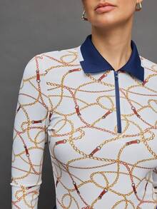 Activina Top de manga larga con media cremallera y estampado de cadena para mujer, estilo ecuestre - Multicolor - Ver 7