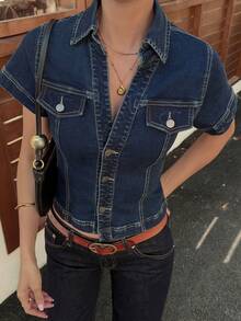 DAZY Áo sơ mi denim nữ cổ bẻ, ôm eo, cổ chữ V - Màu xanh lam - Xem 8