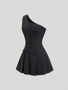 Sweetra Minimalist Casual Black Striped Fitted Asymmetric Shoulder Blazer Vest Paired With A-Line Box Pleat Skirt Women's Suit 2-Piece Set - Black and White - View 6
