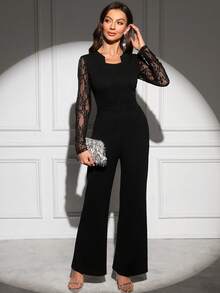 Gownix 女士优雅黑色撞色蕾丝连体裤，春夏 - 黑色 - 查看 13