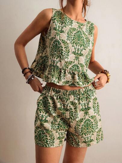 Freevana Conjunto bohemio de primavera/verano nuevo vintage verde y blanco con estampado floral: top sin mangas con ribete de volantes + pantalones cortos de cintura alta, conjunto casual y elegante de 2 piezas para vacaciones de mujer