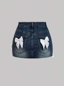 SHEIN MOD Chân váy ngắn denim nữ kiểu dáng thường ngày có nơ trang trí, thích hợp cho mùa hè. - Màu xanh lam - Xem 2