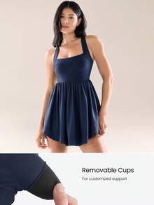 GLOWMODE Confidently You Ultra High-Rise Back Twist Design Side Split Hem Built-In Shorts Side Pockets Non-Slip Grips Babydoll Style Dress Casual - Dark Blue - View 5