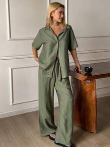 DAZY 女士简约绿色睡衣套装，夏季 - 綠色 - 查看 5