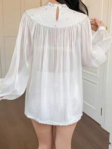 DAZY Elegant French Palace Style Rhinestone Mesh Patchwork Lantern Sleeve Sheer Blouse, Loose Fit Women Shirt - White - View 6