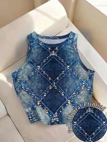 Resyla 女士休闲百搭圆领牛仔印花背心 - 彩色 - 查看 1