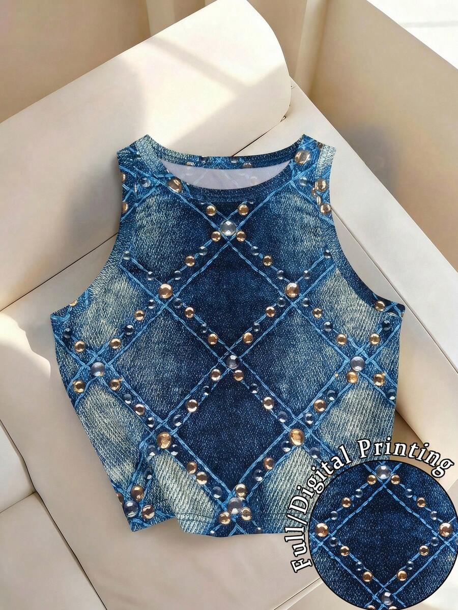 Resyla 女士休闲百搭圆领牛仔印花背心 - 彩色 - 查看 1