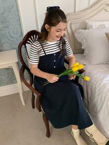 DAZY Tween Girl Striped Patchwork Round Neck Short Sleeve Button Design Casual 2 In 1 Dress - Blue - View 5