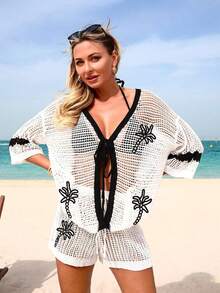 Swim Vcay 女士镂空白色棕榈树刺绣沙滩罩衫短裤套装，春夏款 - 白色 - 查看 5