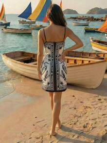 CAJUNI Tropical Print Tie-Front Cami Mini Dress, Vacation & Beach - Black and White - View 2