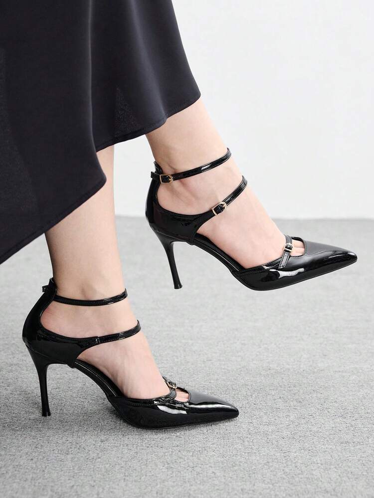 CUCCOO BIZCHIC Black Patent Leather Pointed Toe Slingback Pumps With Buckle Closure, Hollow Out Stiletto Heels, Elegant & Sexy Women Shoes Spring Shoes