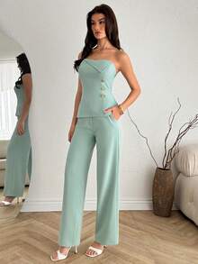 SHEIN Women Two Pieces Outfits Tops And Pant Sets - Mint Green - View 3