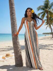 SHEIN Lady Đầm nữ dáng rộng, phối màu sọc, kiểu dáng thường ngày, thích hợp cho kỳ nghỉ, có túi hai bên. - Nhiều màu - Xem 5