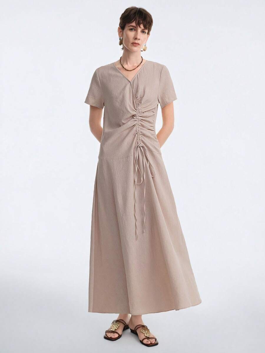 Aalyst Women's Elegant Drawstring Design Office Casual Vacation Long A-Line Dress