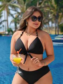 Swim Lushoire ملابس علوية ملابس السباحة للنساء بياقة مثلث أسود، مناسب للشاطئ والصيف، مقاس كبير - الأسود - مشاهدة 5