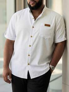 DRIVNCORE Plus Size Men's Fashion Simple Solid Color Loose Casual Short Sleeve Shirt, Classic Personalized Solid Striped Textured Stand Collar, Contrast Buttons, Commuter Street Style Summer T-Shirt - White - View 1