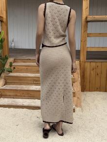 Livesso Women's Hollow Out Lace-Up Knitted Vest And Knitted Mini Skirt 2 Pieces Set, Vacation - Apricot - View 3