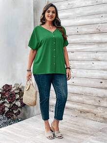 EMERY ROSE Plus Size Women's Orange Button Embellished Short Sleeve Shirt For Spring - Green - View 5