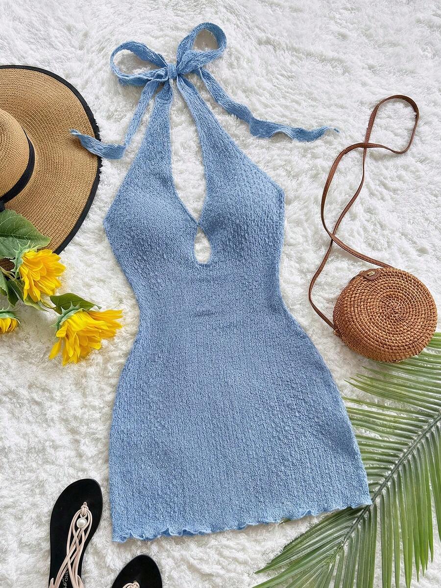 Soleia New Casual Vacation Western Beach Wedding Guest Attire Back To School Graduation Brunch St. Patrick's Day Spring Break Easter Music Festival Elegant Bohemian Tropical Elegant Strapless Backless Office Work Halter Brown Textured Knit Women Mini Dress - Baby Blue - View 1