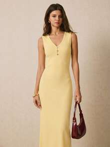 Poéselle Sleeveless Solid Color Slim Fit Dress, Summer - Yellow - View 7