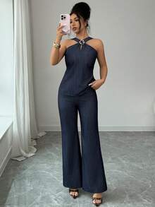 DAZY Damen elegantes ärmelloses Top und gerade geschnittene Hose 2-teiliges Set, Frühlings-/Sommer-Loungewear für Frauen - Blau - Übersicht 5