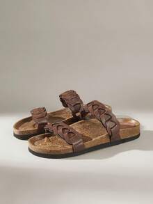 Solecia Damen Schuhe Frühling und Sommer Neu Doppelgurt Flechtdesign Flacher Boden Urlaubs Lässig Stil Braun Damen Hausschuhe Täglicher Reisegebrauch Strandurlaub Tragen - Braun - Übersicht 6