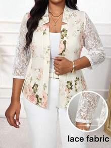 SHEIN Lady Áo blazer nữ cỡ lớn tay lửng phối ren hoa thanh lịch - Nhiều màu - Xem 6