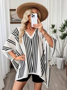 EMERY ROSE 2pcs/Set Summer Casual Striped Batwing Top And Shorts Set - Multicolor - View 4