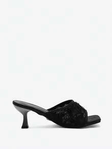 女士时尚优雅露趾高跟鞋，黑色、白色、花卉、蕾丝图案细高跟凉鞋，春夏新款，适合户外婚礼、派对、居家穿着，性感拖鞋 - 黑色 - 查看 6