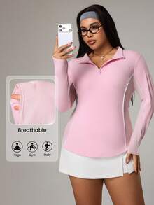Rhythm Era Plus Size Contrast Trim Half Zip Fitted Long Sleeve Sweatshirt - Pink - View 1