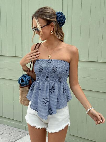 Serisse Women's Floral Print Ruffle Hem Bandeau Top For Vacation