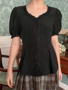 DAZY Tween Girl Solid Color V-Neck Lace Casual Versatile Daily Wear Petal Sleeve Blouse - Black - View 4