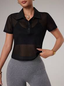 Dewbera Camisa Polo Esportiva de Manga Curta com Tela Vazada e Cor Sólida para Mulheres - Preto - Visão 6