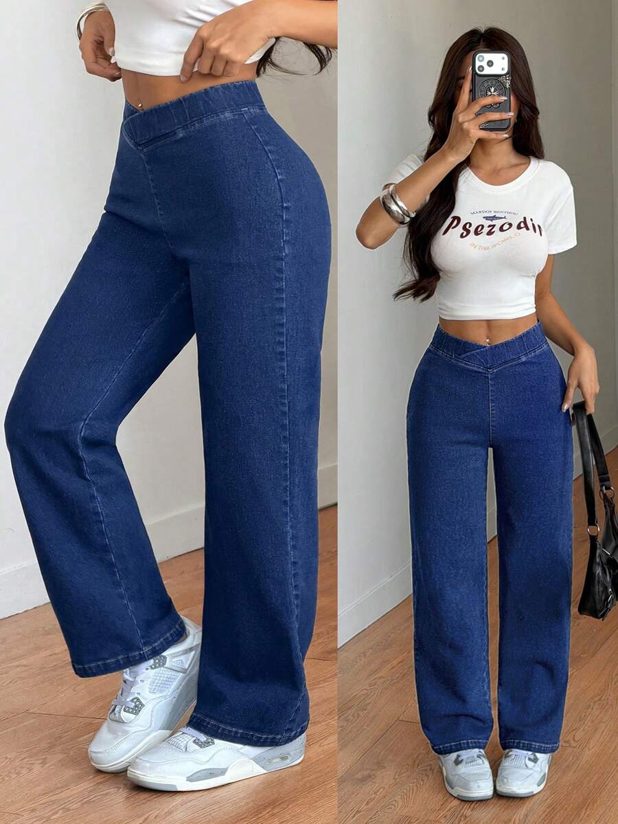 SHEIN Tall 春夏女士休闲日常时尚超弹力针织牛仔面料，交叉腰带设计，适合运动健身，V腰直筒牛仔裤 - 深色水洗藍 - 查看 1