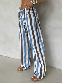 Aloruh Quần ống rộng dáng suông kẻ sọc cạp thấp, kiểu vintage, in họa tiết đồng xu, dành cho nữ. - Nhiều màu - Xem 6