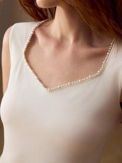 MOTF PREMIUM TOP DE PUNTO ESCOTE CORAZÓN DE ALGODÓN CON DECORACIÓN DE PERLAS FALSAS, PRIMAVERA/VERANO