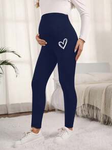 SHEIN Adjustable Waist Maternity Heart Print Leggings - Navy Blue - View 3