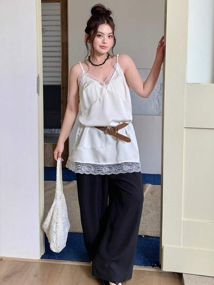 Dazy Plus Satin Contrast Lace V-Neck Long Casual White Camisole And Tank Top