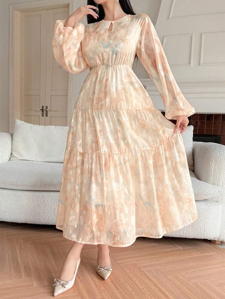 Women's Elegant Vacation Style Hollow Out Neck Lantern Sleeve Semi-Sheer Dress, Suitable For Spring, Summer, Autumn Sundress
