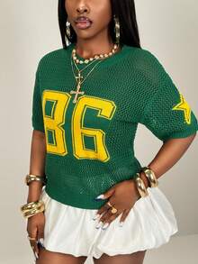 SHEIN BamGlam 女士针织短袖圆领黄绿撞色数字星形提花简约休闲复古街头风毛衣 - 軍綠色 - 查看 4