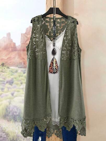 EMERY ROSE Plus Size Casual Solid Color Lace Patchwork Sleeveless Jacket