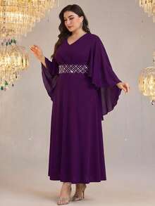Reflora Đầm dài tay cổ chữ V đính đá lấp lánh dành cho nữ cỡ lớn, thích hợp cho các buổi tiệc hoặc sự kiện thường ngày. - Màu tím - Xem 12