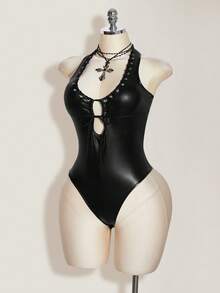 SHEIN ICON 女士时尚性感PU皮革金属吸睛系带露背连体衣 - 黑色 - 查看 1