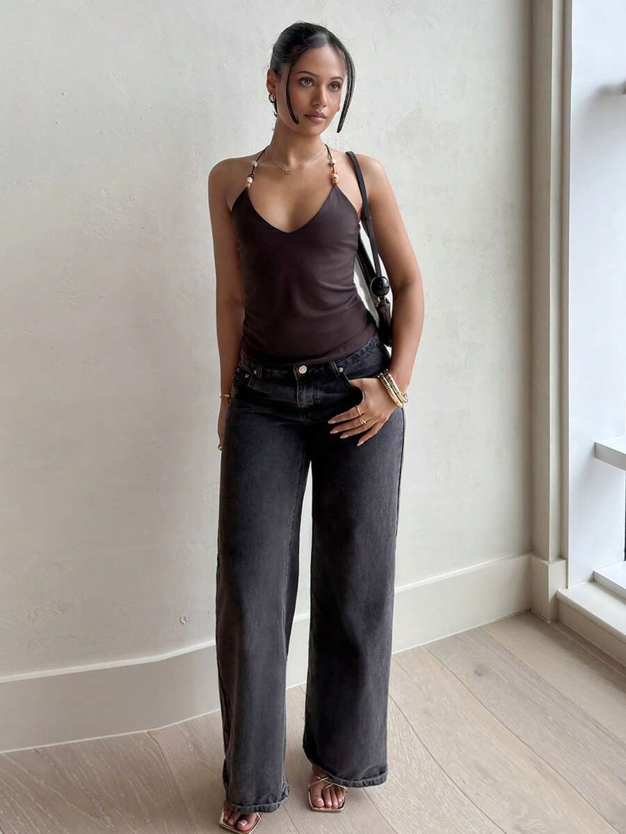 leahseptember Áo tank top hai dây màu nâu đính hạt cườm cho nữ, áo hai dây ôm sát gợi cảm kiểu retro mùa hè, áo không tay cho kỳ nghỉ đi biển. - Cà phê nâu - Xem 1