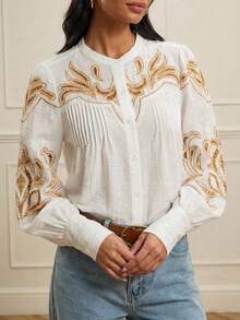 Lilora Blusa de manga larga con cuello redondo, de apertura frontal suelta, con diseño plisado bordado con calados dorados, de lino blanco antiguo casual de vacaciones, elegante, sexy, para invitada de boda, vintage, fiesta, primavera, vestido de gala para noche de graduación, de primavera a verano, vacaciones de verano. - Albaricoque - Ver 7