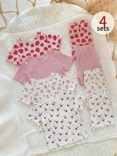 SHEIN 8pcs/Set Baby Girls' Casual Cute Versatile Strawberry, Cherry, Floral Print Short Sleeve Top And Pants Set, Suitable For Spring/Summer, Home, Outdoor, Vacation, Beach, Daily Wear