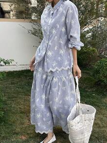 DAZY Women's Casual Striped Embroidered Floral Stand Collar Shirt And A-Line Skirt 2-Piece Set, Spring/Summer - Blue - View 5