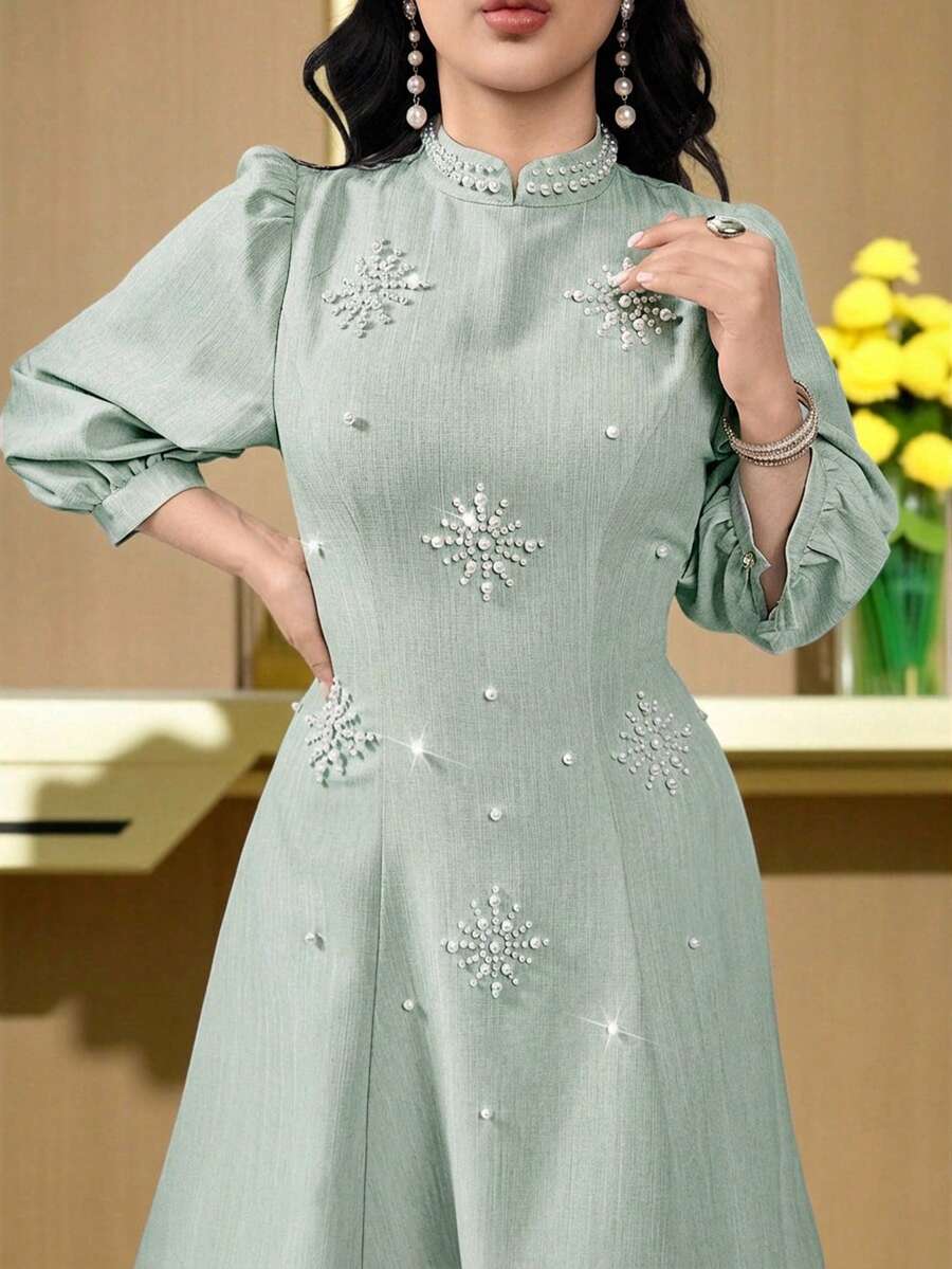 Feyla 女士优雅派对珍珠装饰中长连衣裙 - 淺藍色 - 查看 1